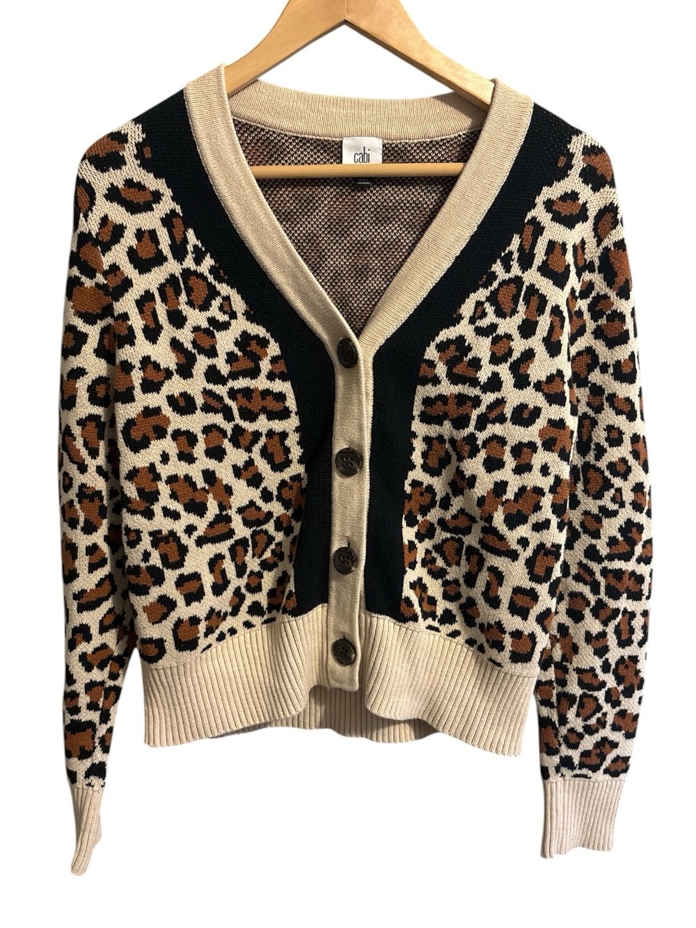 Cabi Cropped Leopard Button Cardigan
